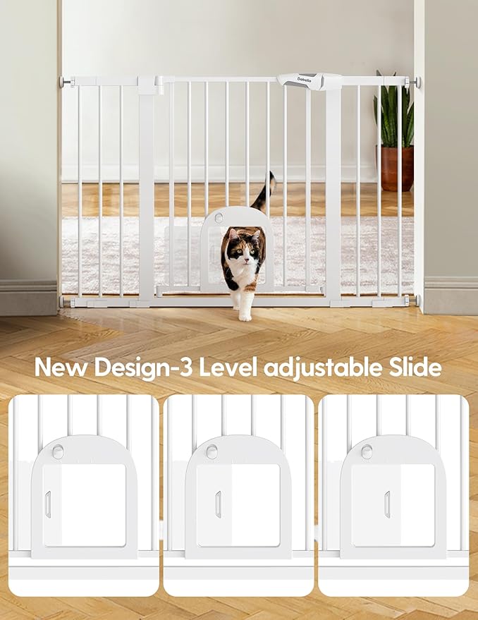 Babelio 29-48" Extra Wide Baby Gate with Adjustable Cat Door,Easy Install Pressure/Hardware Mounted,Auto Close Pet door for Stairs,House,Doorways,Effortless Walk Thru,White