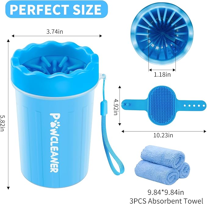 Professional 7 in 1 Dog Paw Cleaner for Dogs & Cats - Includes 1 Portable Paw Washer, 1 Bath Brush, 2 Dog Toothbrushes and 3 Absorbent Towels Note: Fits Paws 1.5 to 2.5 Inches Wide (Medium, Blue)