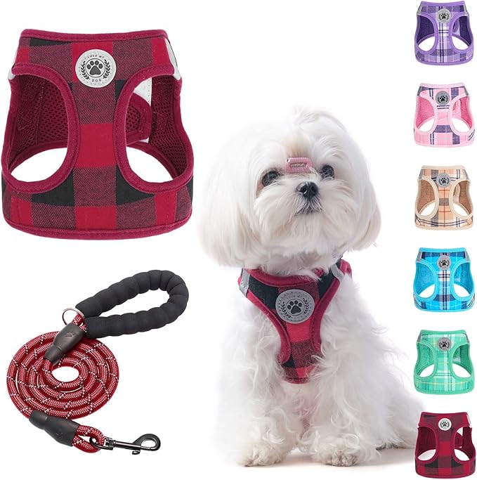 BEAUTYZOO Small Dog Harness and Leash Set,Step in No Choke No Pull Soft Mesh Dog Harnesses Reflective for Extra-Small Medium Puppy Dogs and Cats, Plaid Dog Vest Harness for XS S Pets, Red, XS