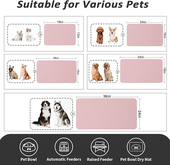 Dog Food Mat - Absorbent Cat Mat for Food and Water, No Stains Pet Feeding Bowl Mat, Easy to Clean Pet Placemats, Quick Dry Dog Water Dispenser Mat for Messy Drinkers | Pink 18"x28"