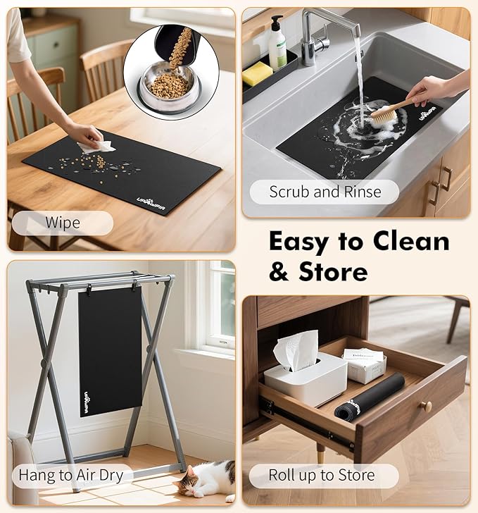 Pet Food Mat Absorbent Cat Food Mat Dog Mat for Food and Water Quick Dry No Stains Dog Feeding Mat Placemat for Messy Drinkers Cat Food Mats for Indoor Cats Bowl Mat Pet Supplies 12"X20" Black