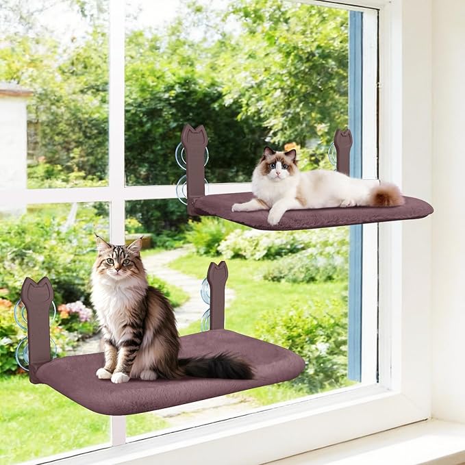 2 Pack Cat Window Perch,Cat Window Hammock Cordless Foldable Window Bed with 4 Large Strong Suction Cup,Reversible Cushion Cover,Metal Frame Easy to Adjust Window Seat Holds up to 40lbs(Brown，M)