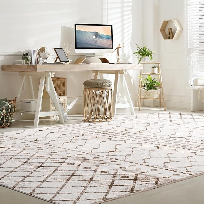 Lessymo Washable Area Rugs 6x9 for Bedroom Living Room Kitchen, Ultra-Soft Faux Wool Geometric Area Rug with Non-Slip Rubber, Kid & Pet Friendly, Geometric Beige
