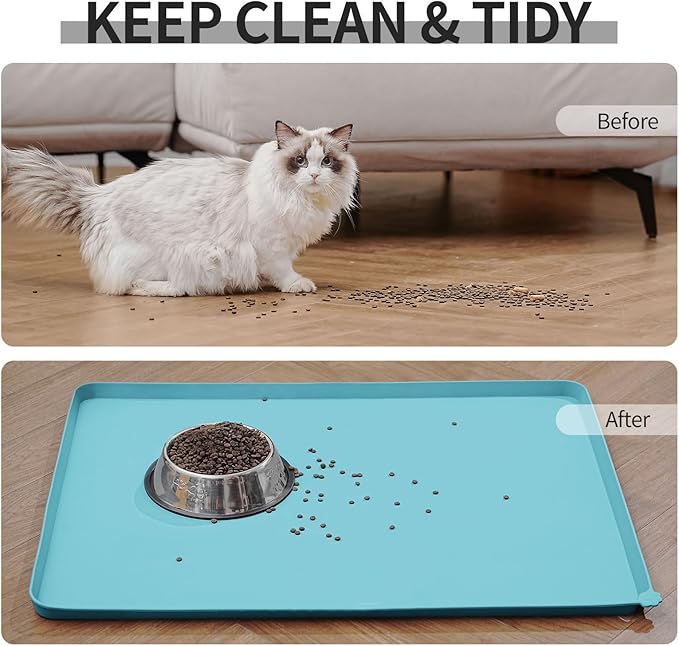 Waterproof Pet Feeding Mat with High Raised Edges, Heavier and Thicker Placemats for Cat Dog Water Bowl with BPA Free, Dogs Cats Food Mats for Messy Drinkers to Prevent Spill and Protect Floors