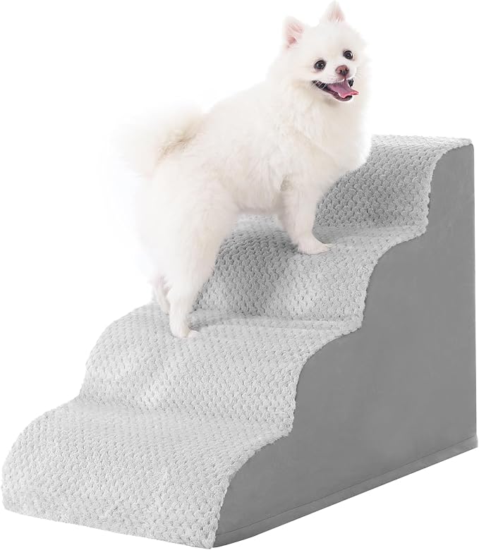 MIHIKK Dog Stairs Ramp, Curved 4-Step Dog Steps for Small Dogs and Cats, Pet Stairs for High Beds and Couch with Anti-Slip Washable Cover and Durable High Density Foam, Grey