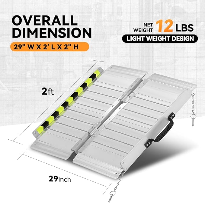 Auto Dynasty Wheelchair Ramp 2FT, Portable Folding Aluminum Wheel Chair Threshold Ramps for Home Steps Doorways, 800Lbs Capacity, 29Inch Width, Silver