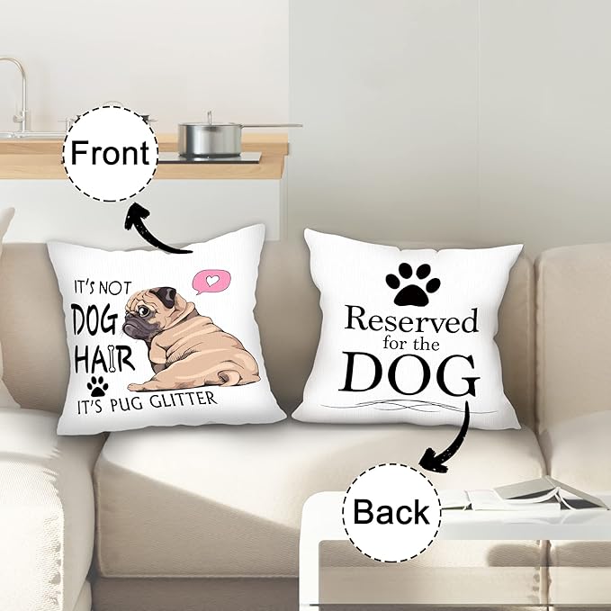 Hope You Like Pugs Welcome Door Mat Doormat 17”x30”,It's Not Dog Hair It's Pug Glitter Reversible Throw Pillow Cover 18”x18”,Set of 1 Pillow Cover 1 Doormat Decor for Home Girls Kids Room