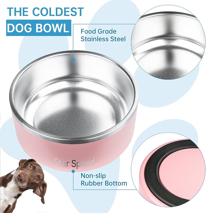 StarSpeed Stainless Steel Dog Bowl - Large Dog Water Bowl with Rubber Bottom, Drop Resistant, Keeps Cold, Holds 8 Cups (64oz, Pink)