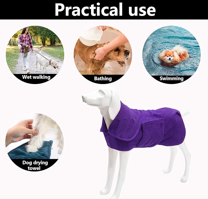 Geyecete Dog Drying Coat - Fast Drying Dog Bathrobe Towel - Microfibre Super Absorbent Pet Cat Bath Robe, Luxuriously Soft Purple L