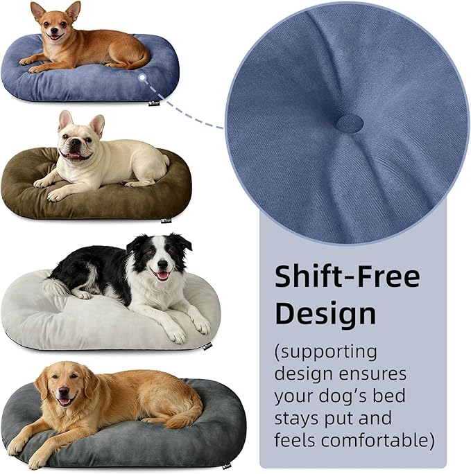 Dog Bed for Small Dogs & Cats 23”x17”, Non-Slip Washable Faux Silver Fox Fur Crate Pad, Durable Oval Pet Mat, Mist Blue