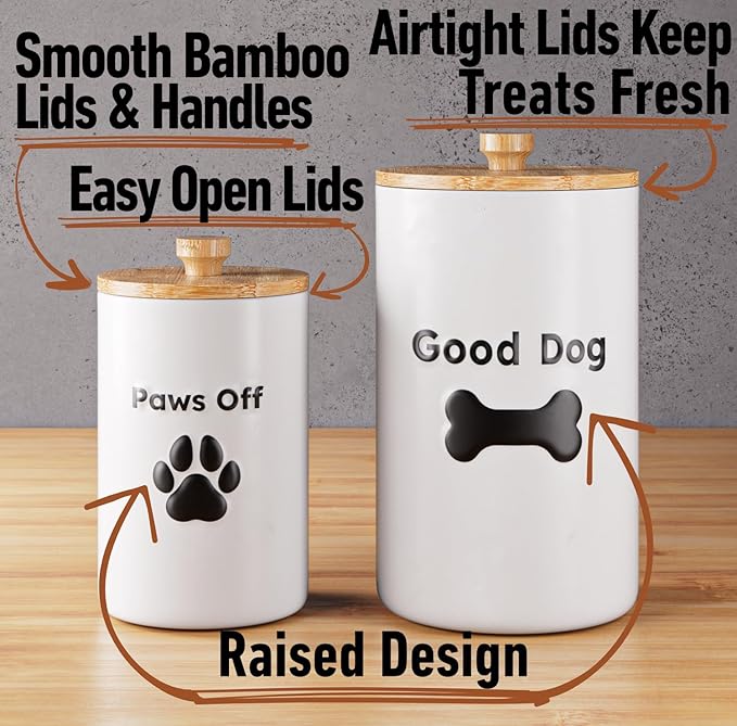 Dog Treat Container Airtight Set of 2 - 9x5 & 7x4 inch Ceramic Dog Treat Jars for Kitchen Counter with Airtight Lids - 11 Cup Capacity Pet Treat Container Set - Doggie Cookie Jar - Big Treats Canister