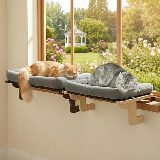 2 Pack Cat Window Perch with Cushion Bolster and Cool Pad, Cat Hammocks for Windows with Wood & Robust Metal Frame for Large Cats (Natural & Walnut Wood with Gray Cushion, 24" W)