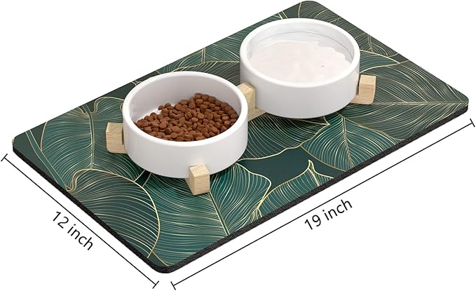 Rnivvi Dog Food Mat, 12" x 19" Flower Absorbent Dog Cat Bowl Mat for Food and Water, 3MM Anti-Slip Rubber Pet Feeding Rug Protect Floors, Puppy Placemat for Feeding & Watering Supplies, Tropical