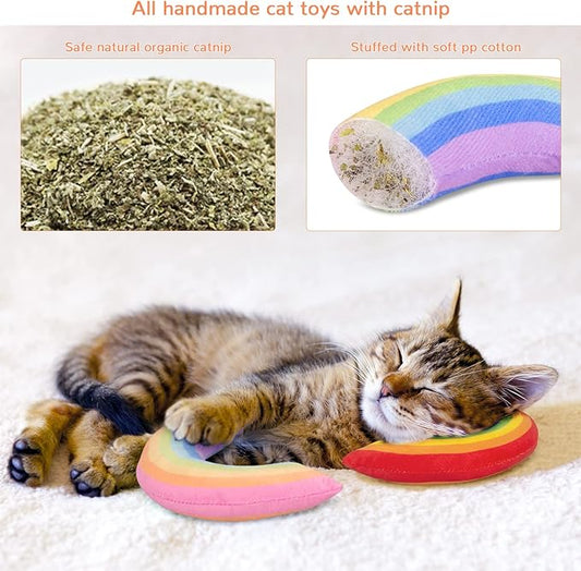 Catnip Toys for Indoor Cats Kitten, Kitty Toys Rainbow Cat Kicker Pillow 2Pcs, Interactive Fun Cat Nip Chew Teeth Cleaning Toys for All Pet Breed