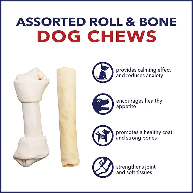 Pet Factory 100% Made in USA Beefhide 8-9" Assorted (Bones & Rolls) Dog Chew Treats - Natural Flavor, 6 Count/1 Pack