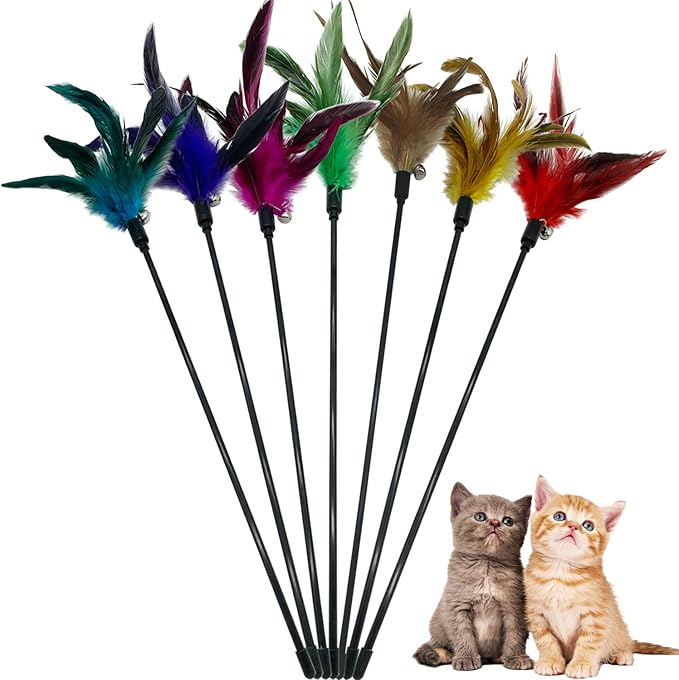 Cat Wand Toy Feather Stick Cat Toys, 7 Pieces Interactive Cat Toy Feathers Wand for Indoor Cats