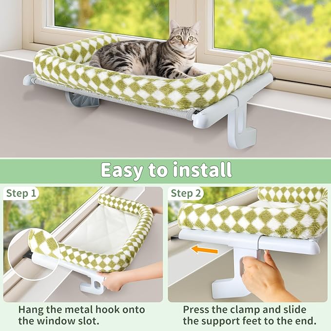 Sunhoo Cat Window Perch Hammock Sturdy Windowsill Bed Seat for Large Cats No Drilling No Suction Adjustable Kitty Shelf with Washable Cover Easy Assembly Holds up to 40 lbs 22.05 * 15 in (Green, S)