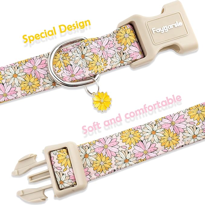 Faygarsle Floral Girl Dog Collar, Cotton Fabric with Daisies Pattern, Pink and Yellow Summer Spring Design for Small Medium Large Dogs L