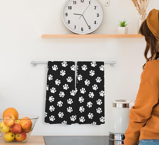 Dog Paws Kitchen and Dishcloths Set of 2, Black and White Hand Towels, Cute Paw Print Decorative Dish Towel, Gifts for Dog Lovers, 1624 Inch