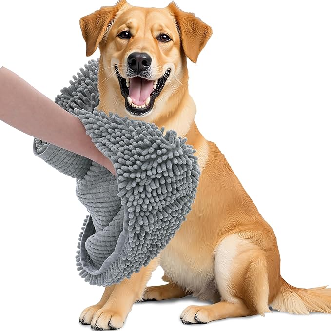OLANLY Chenille Dog Bath Towel 31x13, Ultra Absorbent Quick Dry Pet Towel, Extra Soft Washable Plush Towel for Large Dogs & Puppies, Indoor Outdoor Use, Grey