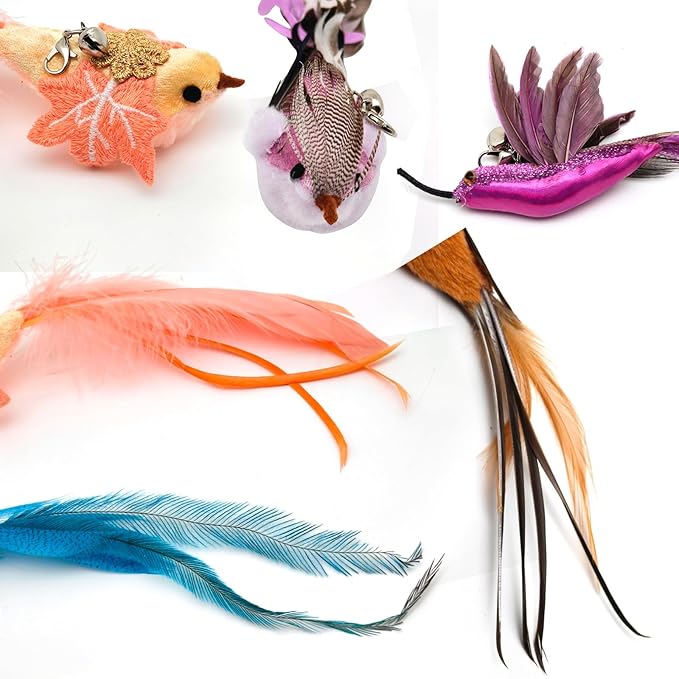Interactive Cat Toys for Indoor Cats - 35'' Steel Wire and 6PCS Feather Bird Refills,Teaser Toy,Cat Wand Toy,Feathers & Bells, Realistic Bird Impression (7 PCS)