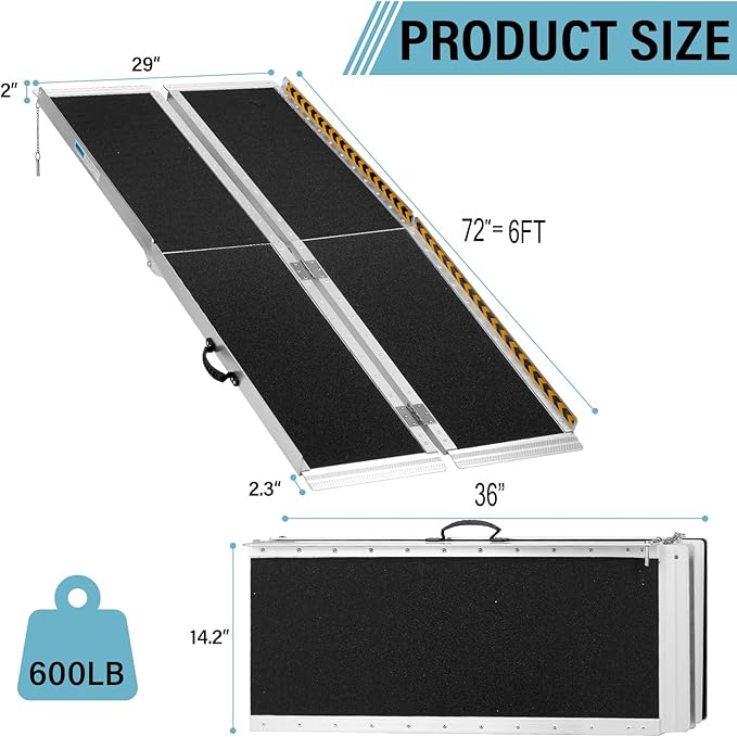 6FT Wheelchair Ramp, Anti-Slip Aluminum Folding Portable Handicap Threshold Entry Ramp for Home, Doorways Steps, Scooter, Stairs, 600LBs Capacity