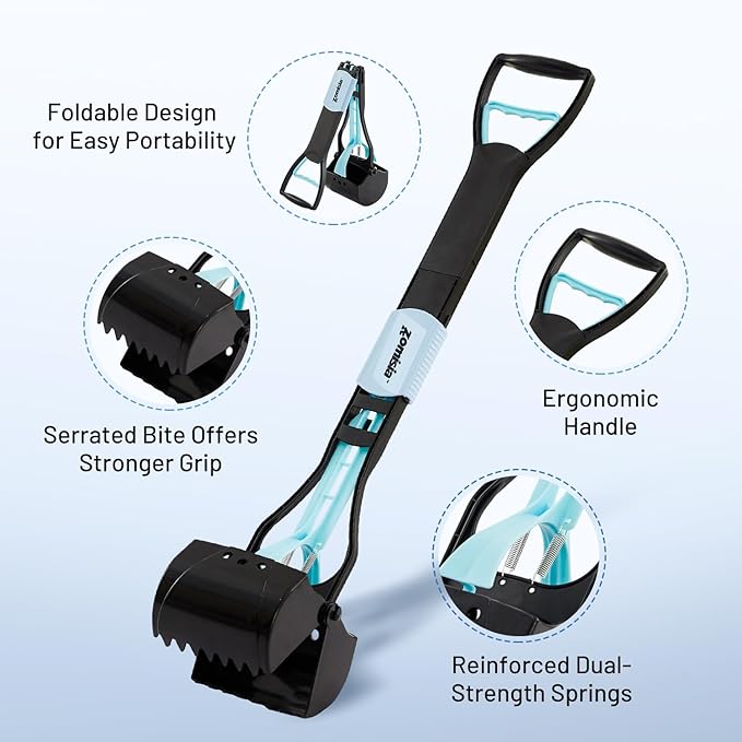 32" Pooper Scooper for Large Dogs, Pet Poop Scoop Heavy Duty, Suitable for Yard of Different Surfaces, Pick Up Tool with Foldable Long Handle, with 2 Rolls of Dog Waste Bags