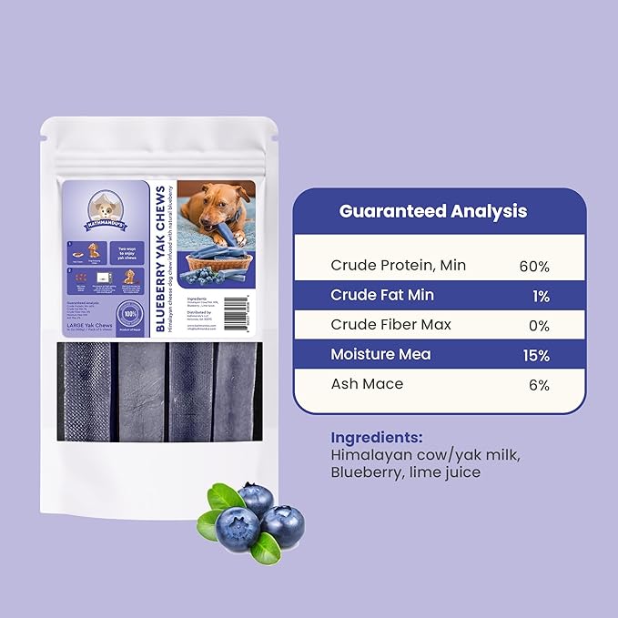 KATHMANDU'S 100% Natural Blueberry Flavored Yak Chews – Keep Dogs Busy & Happy with Our Lactose&Rawhide Free Himalayan Dog Chews - Long Lasting Dental Treats for Aggressive Chewers (Large, Pack of 4)