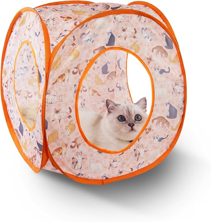 Andiker Cat Tent, 3 Holes Safe and Strong Cute Cats Tunnel Collapsible Easy to Carry Cat House for Indoor Cats Kittens Hiding Playing Training Sleeping (Square Orange)