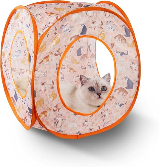 Andiker Cat Tent, 3 Holes Safe and Strong Cute Cats Tunnel Collapsible Easy to Carry Cat House for Indoor Cats Kittens Hiding Playing Training Sleeping (Square Orange)