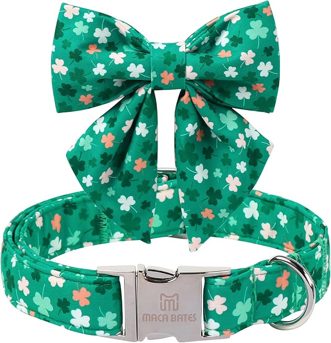 Maca Bates St. Patrick's Day Shamrock Dog Collar with Sailor Bow Tie,Extra Large Girl Boy Dogs, Green Pink White Clover Pattern,Adjustable Durable Soft Collars Irish Gift for Male Female Puppy