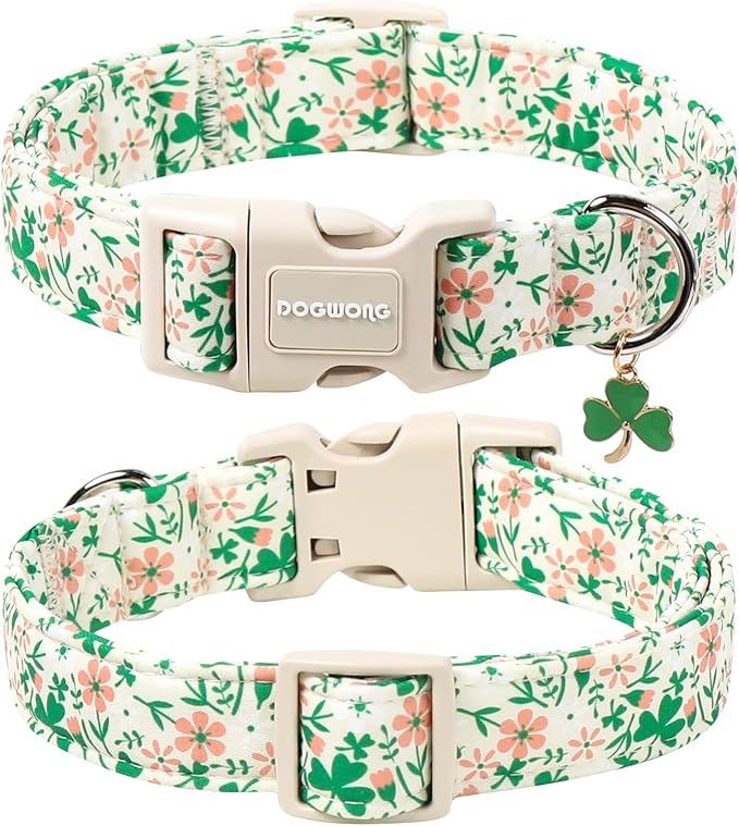 DOGWONG St Patrick's Dog Collar, Green Clover Pet Collar Cotton Flower Shamrock Pet Collar Cute Puppy Collar Adjustable Pet Dog Collars for Medium Dogs,M