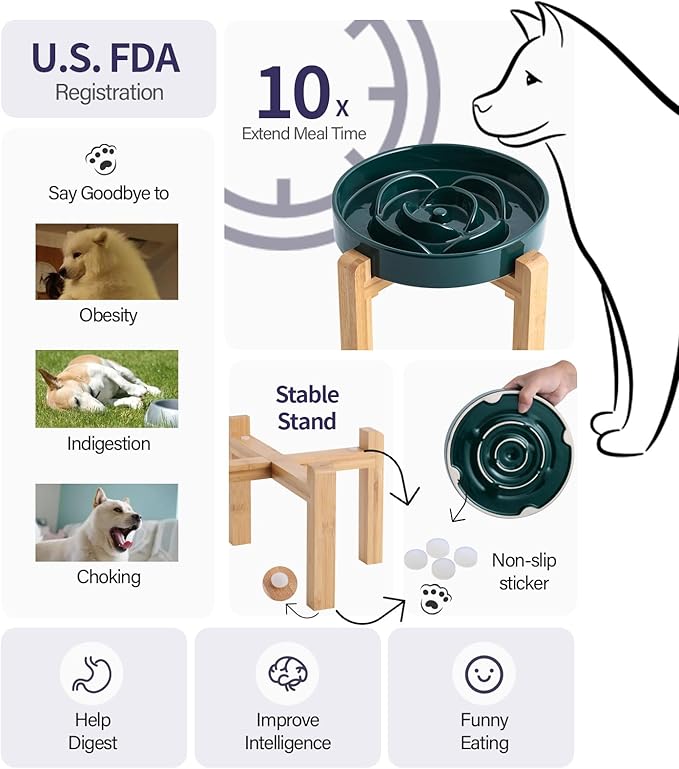 8.66 in Green Dog Bowl Ceramic Slow Feeder with Wood Stand for Small Medium Large Dogs, Elevated/Raised Slow Feeding Dog Dish to Slow Down Eating, Heavy Puppy Bowl for Fast Eaters