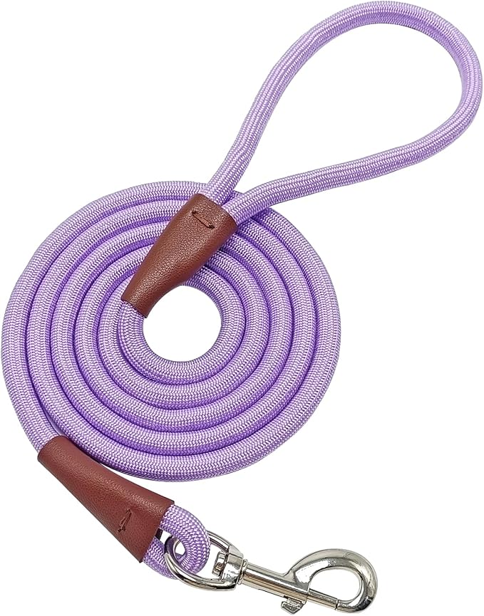 MayPaw 6/8 /10 FT Dog Leash, Classic Solid Colors, Strong Nylon Rope Dog Leash Reinforced with Leather Tailor Connection Heavy Duty Silver Clasp (Purple, 6ft*1/2")