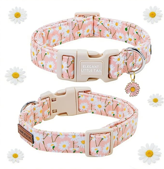 Elegant little tail Dog Collar, Pink Daisy Print Spring Soft Cotton Puppy Collars Adorable Female Pet Gift Lightweight Plastic Adjustable Dog Collar for Small Dogs