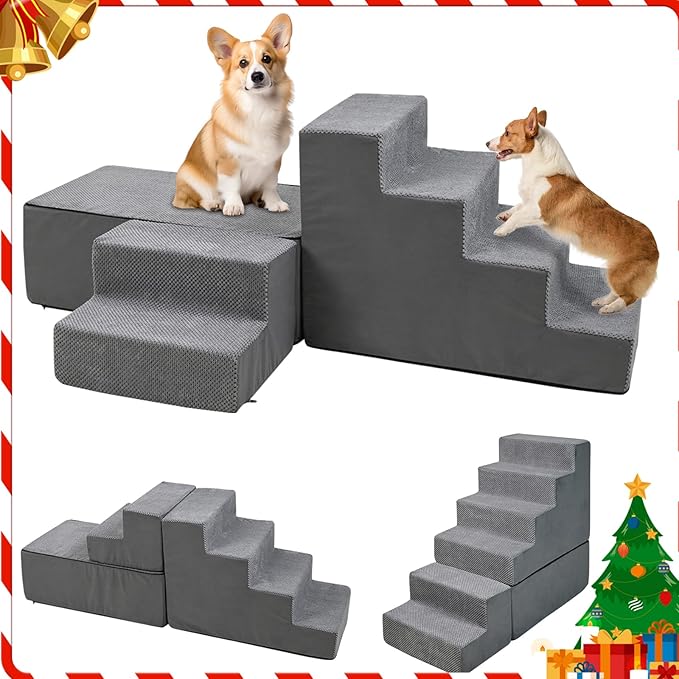30" Dog Stairs&Steps for Small Dogs for High Beds 6-Step Pet Ramp Up to 30-36" High for Small Dogs & Cats, Grey No Assembly Required