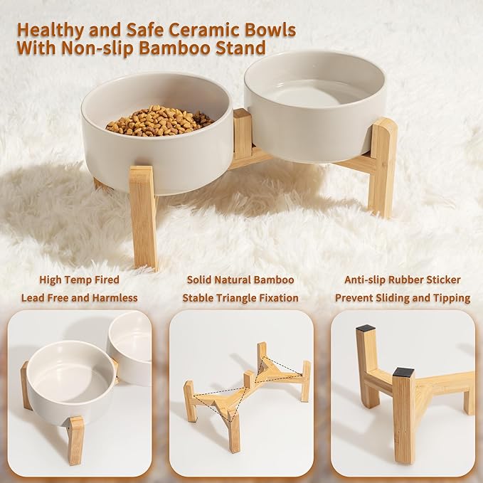 Elevated Ceramic Dog Bowl Set - Raised Dog Bowls with Non-Slip Bamboo Stand - Dog Food and Water Bowl Set - Double Dog Feeding Bowls - Suitable for Small and Medium Dogs - 28.74 OZ - 3.6 CUPS - 850 ML