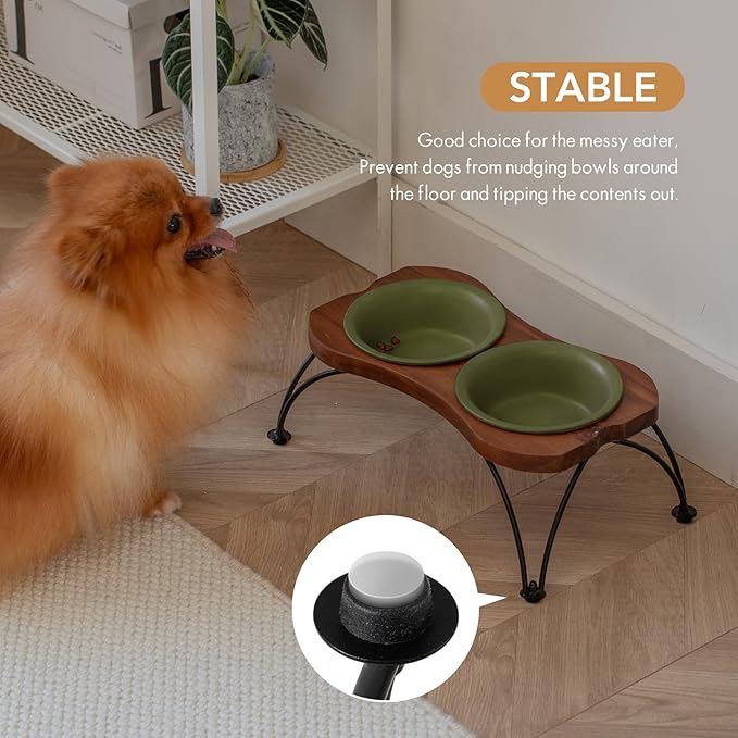 Ceramic 6.3-inch Raised Double-Bowl Set with Non-Slip Stand, 1.5 Cup Food or 15 oz Water Dishes for Small Dogs, Wide Opening with Rounded Edges(Olive Green)