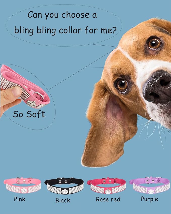 Bling Dog Collar for Small Medium Large Dogs, Crown Rhinestone Dog Collars for Girl and boy Dog, Diamond Puppy Collars, Adjustable Leather Suede SOFE Cat Collar (M(13"-15.4"/33CM-39CM), Rose Red)