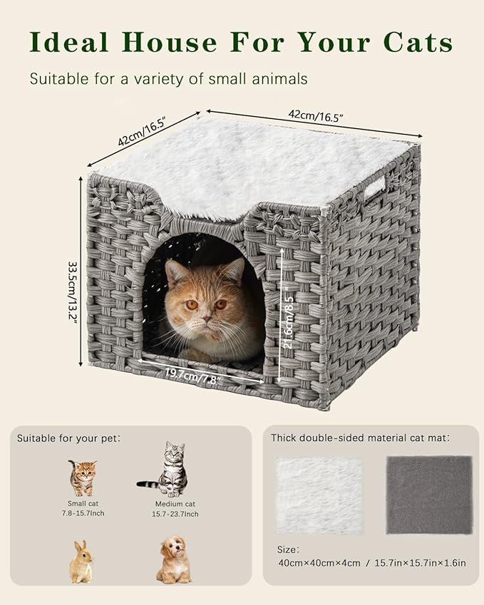 Cat Beds Indoor Kitten House, Handwoven Rattan Cat Cave Pet Cube, Large Cat Houses, One Bed Mat, Foldable, Hideaway, 16.5x16.5x13.2 Inches, 2 S-Shaped Hooks in Living Room Bedroom Gray