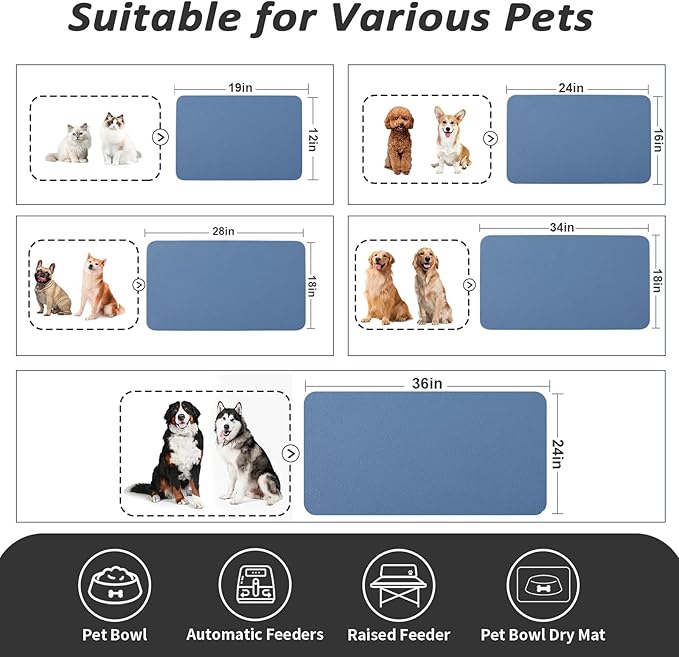 Dog Food Mat - Absorbent Cat Mat for Food and Water, No Stains Pet Feeding Bowl Mat, Easy to Clean Pet Placemats, Quick Dry Dog Water Dispenser Mat for Messy Drinkers | Blue 24"x36"