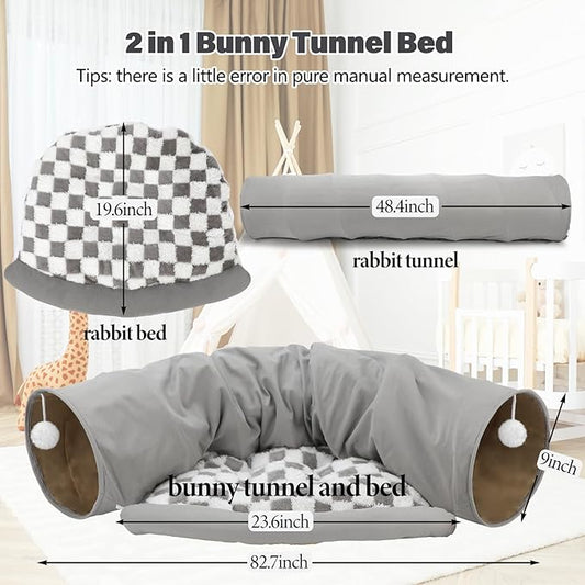 BWOGUE Bunny Tunnel Bed, 2-in-1 Collapsible Tunnel Tubes Toys with Removable Mat Hideout for Cats Kittens Rabbits Guinea Pigs Kitty (Gray)