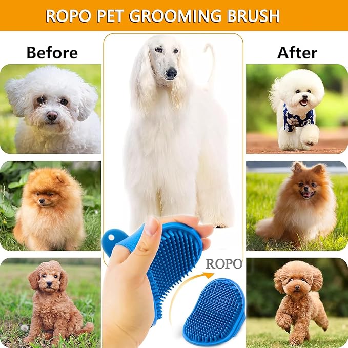ROPO Dog Bath Brush, Dog Shampoo Brush Soothing Massage Rubber Comb with Adjustable Ring Handle for Long Short Haired Dogs and Cats 2pcs