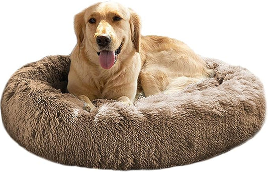 MFOX Calming Dog Bed for Large Dogs - Donut Washable Large Pet Bed, 36 inches Anti-Slip Round Fluffy Plush Faux Fur Dog Bed, Fits up to 75 lbs Pets, Black