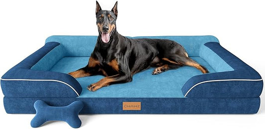 XXL Dog Bed for Extra Large Dogs, Giant Orthopedic Dog Bed with Cooling Gel Memory Foam, Waterproof Pet Bed with Removable Washable Cover, 53" Pet Sofa Bed Dutch Velvet with Bone Toy, Navy Blue