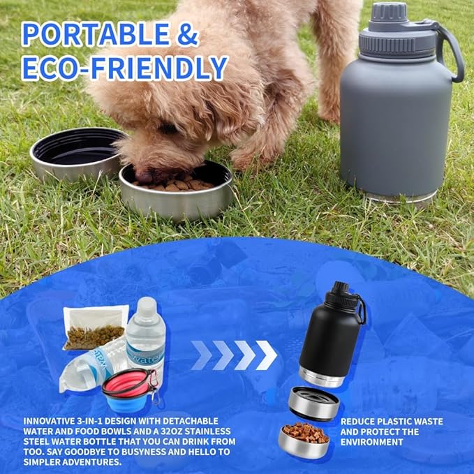 3-in-1 Dog Water Bottle with 2 Bowls, 32oz Insulated Stainless Steel Travel Bottle for Pets & Humans, Leak-Proof Portable Design for Hiking, Camping & Travel (Black)