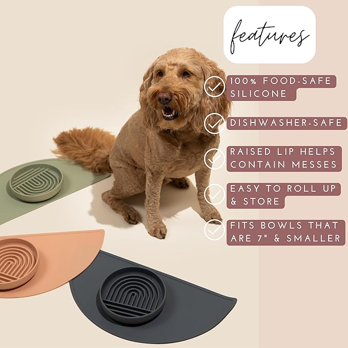 Should We Go? Waterproof Silicone Pet Food Mat - Non-Slip, Spill-Proof Feeding Mats for Floors, Raised Edge Design, Easy-to-Clean Mat for Dog & Cat Bowls, 21" Across x 10.5" Deep, Medium-Charcoal