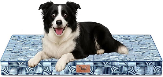 Outdoor Dog Bed for Medium Dogs, Waterproof Dog Crate Mat Orthopedic Egg Crate Foam Pet Bed with Washable Removable Oxford Cover, White Blue