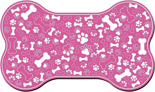 Dog & Cat Food Mat Bone Shaped Pet Feeding Mat Quick Absorb Water Bowl Placemat with Rubber Backing Indoor Floor Stain Resistant Pet Accessory Supplies (Pink, 17x29 Inches)