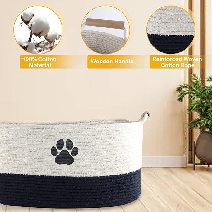 Geyecete Dog toy basket dog toy bin Woven Storage Baskets for Dog Cat Dog Toy Box Sturdy Reinforced Handles with Paw Print basket-Beige/Dark Blue